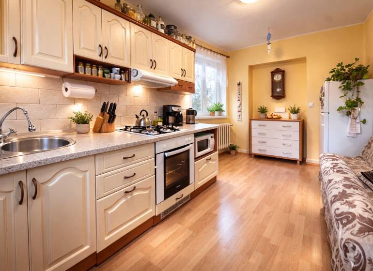 REZERVONY - 2 izbový tehlový byt na Novej Dubnici, 60  - Kuchyňa v 2-izbovom byte s podlahou s dreveným dekorom, svetlá linka a rastliny.