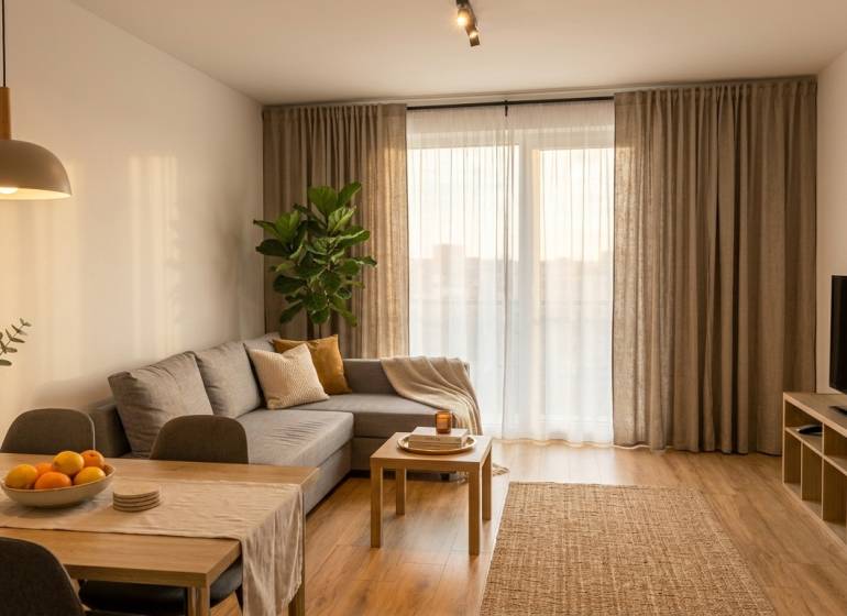 - PRENÁJOM 2-IZ. BYTU S PARKOVACÍM MIESTOM – MILOSLAVOV - Obývačka v 2-izbovom byte s podlahou s dreveným dekorom.