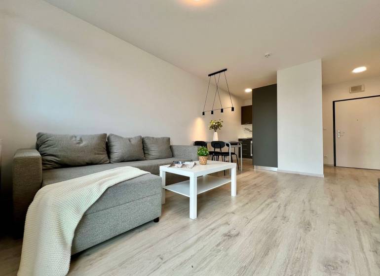 KOMPLETNE ZARIADENÝ SVETLÝ 2-IZB. BYT, NOVOSTAVBA NUPPU, HRANIČNÁ UL. - Obývacia izba s podlahou s dreveným dekorom, pohovkou a jedálenským stolom v 2-izbovom byte.