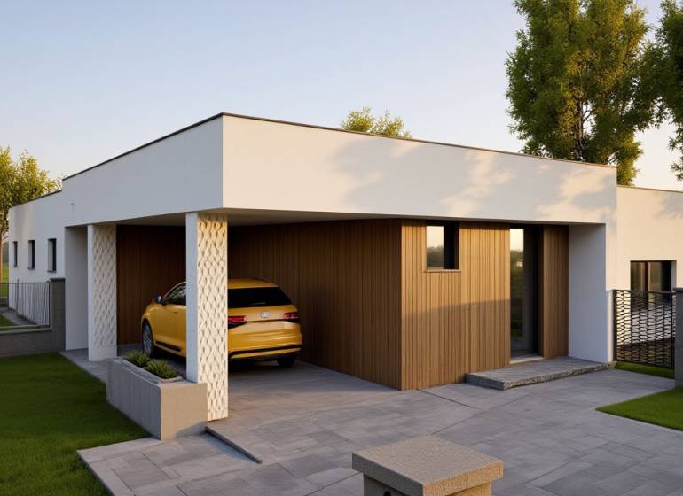 Laprovensalia.sk | Moderný 4-izbový bungalov | Chorvátsky Grob - Rodinný dom na Jadranskej ulici v Chorvátskom Grobe s prístreškom pre auto.