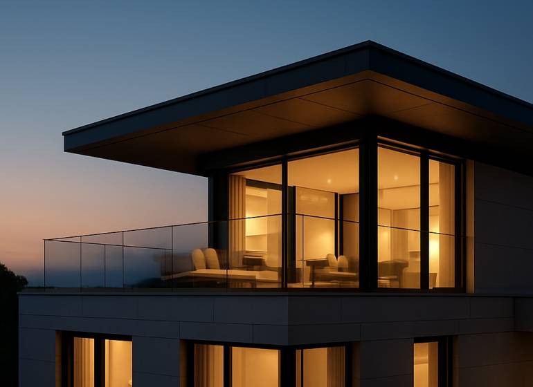 Panoramatická mezonetová rezidencia s terasami – Staré Mesto - Večerný pohľad na presklený balkón viac ako 5-izbového bytu v Bratislave - Starom Meste.