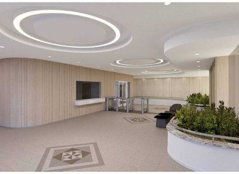 Prenájom kancelárií na prízemí budovy, Ružinov - Interiér kancelárie so zaoblenými stropmi, dreveným dekorom a zeleňou.