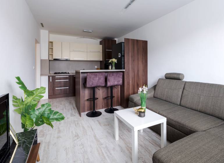 Prenájom Štýlový 2-iz bový byt pri OC Central BEZ PROVÍZIE!!!!  - Obývacia izba s kuchyňou, sedačkou, barovým pultom a podlahou s dreveným dekorom v 2-izbovom byte.