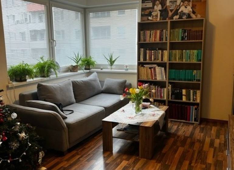 ÚTULNÝ 2 IZBOVÝ BYT - SILVANIUM  - Obývačka v 2-izbovom byte so sedačkou, knihovnicou a stolom. Veľké okná dodávajú svetlo.