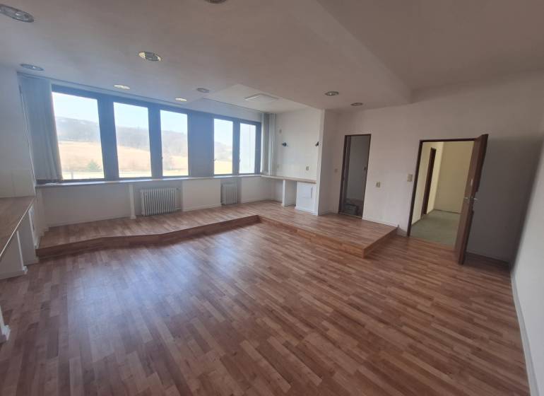 Priestor pre služby na prenájom,  36 m2, Tulska ul., Zvolen - Západ - Interiér Obchodné priestory s veľkými oknami, podlaha s dreveným dekorom, prázdna miestnosť.