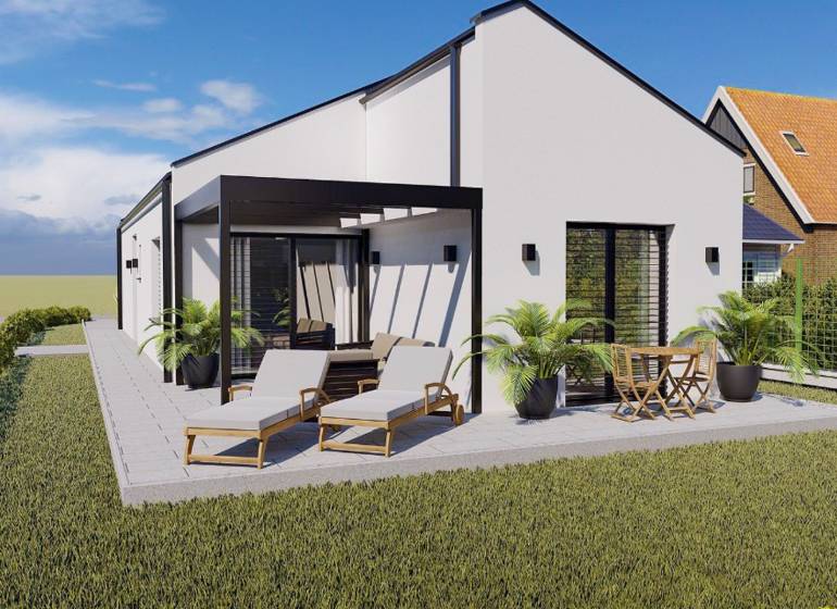 NOVINKA - 2x Novostavba RODINNÝCH DOMOV - Borčice  - Rodinný dom v Borčiciach s terasou, ležadlami a záhradným nábytkom obklopený zeleným trávnikom.