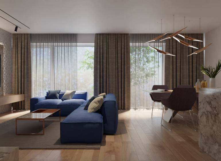 NA PREDAJ ‼️POSLEDNÉ 2 ‼️- 4 izbové radové domy v Ivánke pri Nitre - Obývacia izba s modrou sedačkou a drevenými prvkami, útulné prostredie rodinného domu.