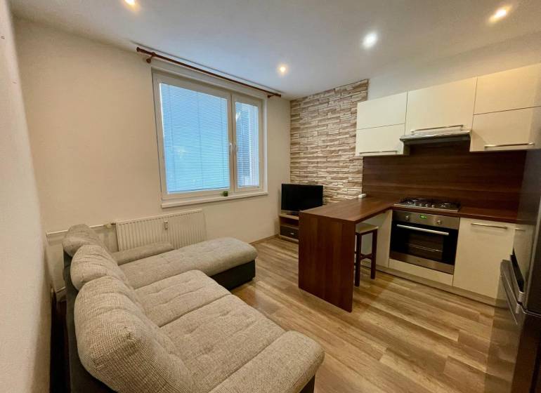PRENÁJOM - 1-izbový priestranný byt byt - Klokočina, Škultétyho - Obývacia izba s kuchynským kútom, rohovou sedačkou a podlahou s dreveným dekorom v 1-izbovom byte.
