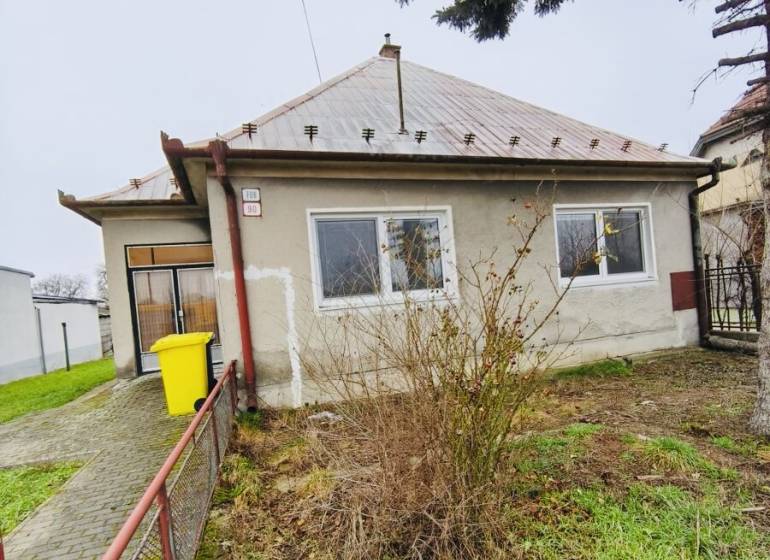 Predaj rodinného domu, Seredská, Seredská, Hlohovec - Rodinný dom na Seredskej ulici v Hlohovci, záhrada, živý plot, strom, žltý kontajner.