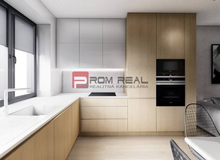 Predaj 3-izbový byt od 184 999 € v projekte Rezidencia Potôčik - Kuchyňa v 2-izbovom byte s podlahou s dreveným dekorom, svetlými skrinkami a oknom.