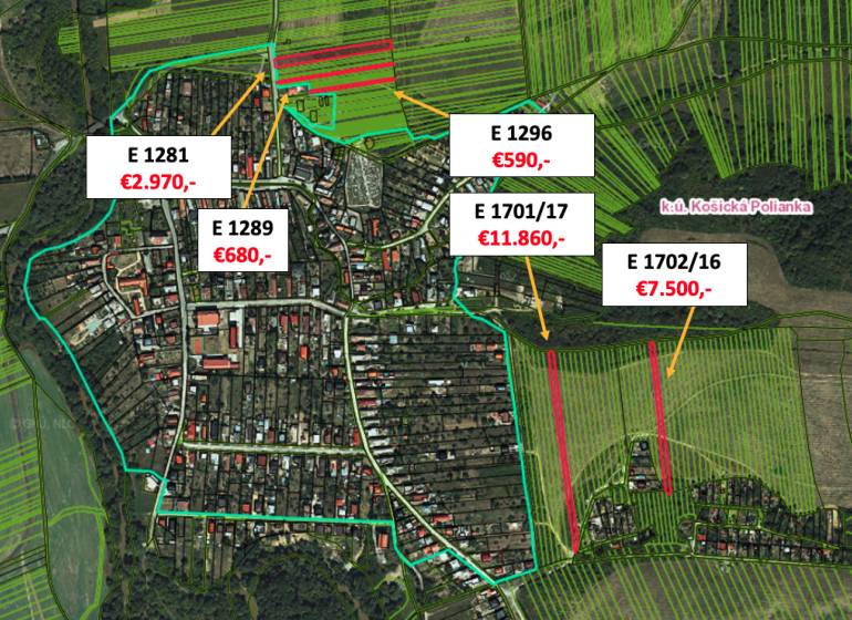 Košická Polianka – 2.600 m2 ORNÁ PÔDA - Letecký pohľad na poľnohospodárske a lesné pozemky v Košickej Polianke s vyznačenými cenami.
