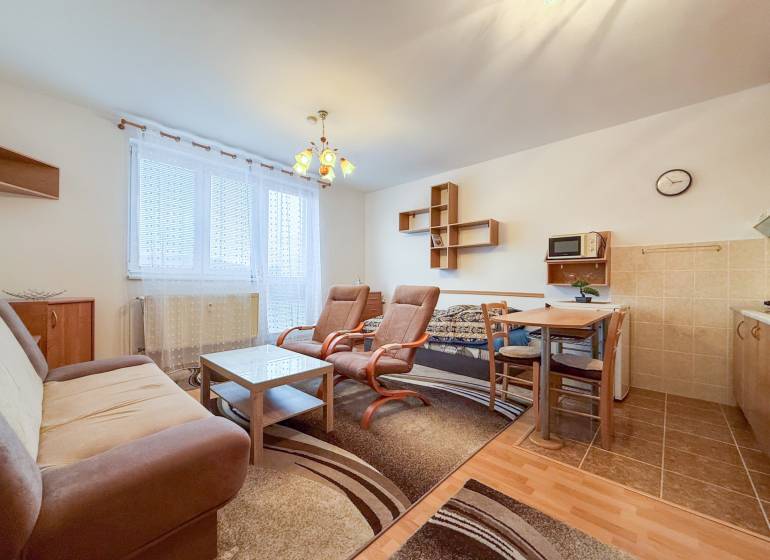 Na prenájom garsónka 30m2, Východná - Trenčín - Garsónka s podlahou s dreveným dekorom, gaučom, kreslami, stolom a kuchynským kútom.