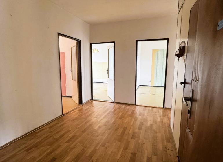 REZERVOVANÉ  3-izbový byt | Škultétyho ulica,  77,4 m², Trebišov. , - Vstupná hala v 3-izbovom byte s podlahou s dreveným dekorom a viacerými dverami.