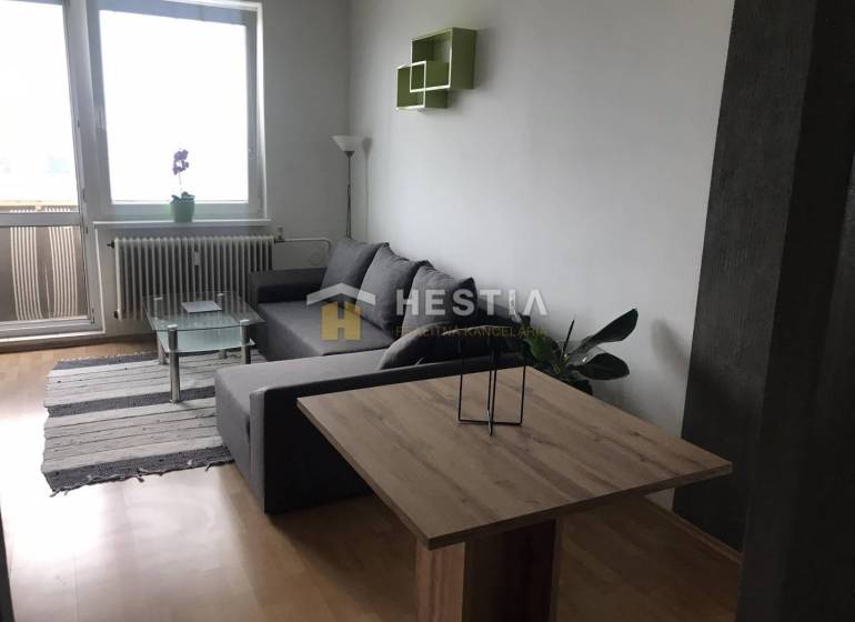 NOVINKA Prenájom 2 izbového bytu na Robotníckej ulici, voľný od 01.05. - Obývacia izba v 2-izbovom byte s pohovkou a podlahou s dreveným dekorom.