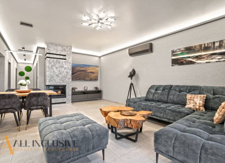 ALL INCLUSIVE I  4- IZBOVÝ RD SMART HOME NOVOSTAVBA- MOSTOVÁ (GA) - Interiér rodinného domu s pohodlnou sedačkou, krbom a stolom z dreveného dekoru.