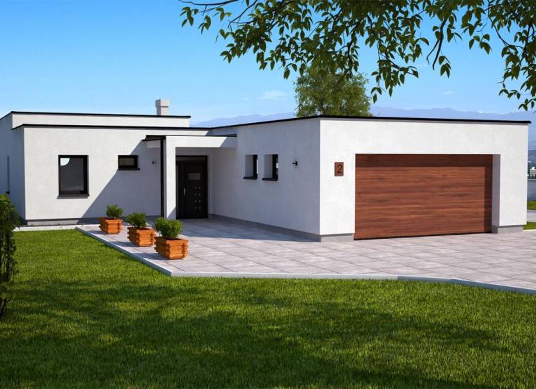 Na predaj výnimočný átriový rodinný dom s dvojgarážou v obci Dolná Seč - Rodinný dom v Dolnej Seči s bielou fasádou, veľkou terasou a zeleným trávnikom.