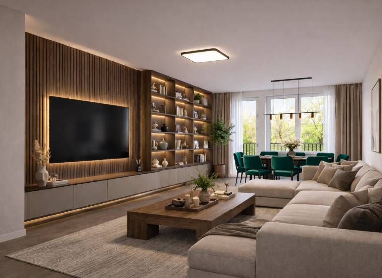 NOVÁ KOMPLET. REK., 3–IZB. BYT, PIVNICA, BALKÓN, DUKELSKÁ, BERNOLÁKOVO - Štýlová obývacia izba s pohovkou, podlahou s dreveným dekorom a veľkým televízorom v 3-izbovom byte.