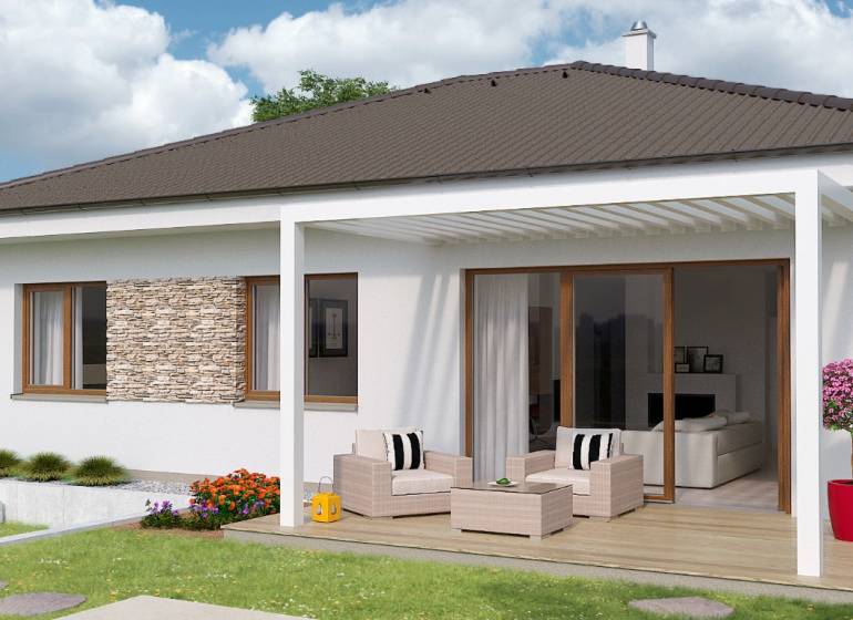 Praktický a úsporný rodinný dom v Bernolákove, Jelšova - Rodinný dom na Jelšovej ulici v Bernolákove s terasou a záhradným sedením.