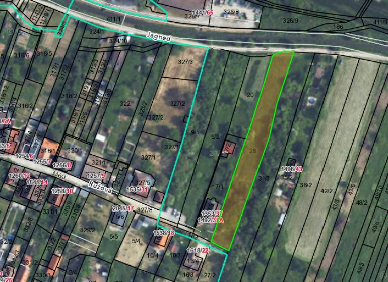 PREDAJ INVESTIČNÉHO POZEMKU V ŠENKVICIACH NA VÝSTAVBU RD - 2197 m2 - Mapa pozemkov na bývanie v Šenkviciach na Ružovej ulici s parcelami a hranicami.
