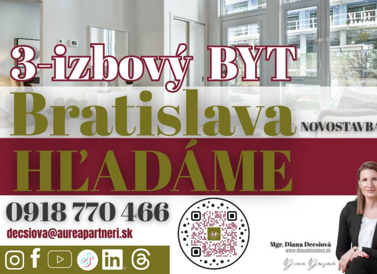 KÚPA 3-izbový byt- NOVOSTAVBA Bratislava- pre záujemcov z obhliadok - Inzercia: Hľadáme 3-izbový byt v novostavbe Bratislava. Kontaktujte nás na uvedených údajoch.