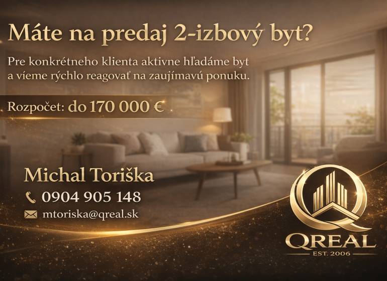 **Hľadáme 2-izbový byt s balkónom** - Inzerát na predaj 2-izbového bytu, kontakt s telefónnym číslom a e-mailom.