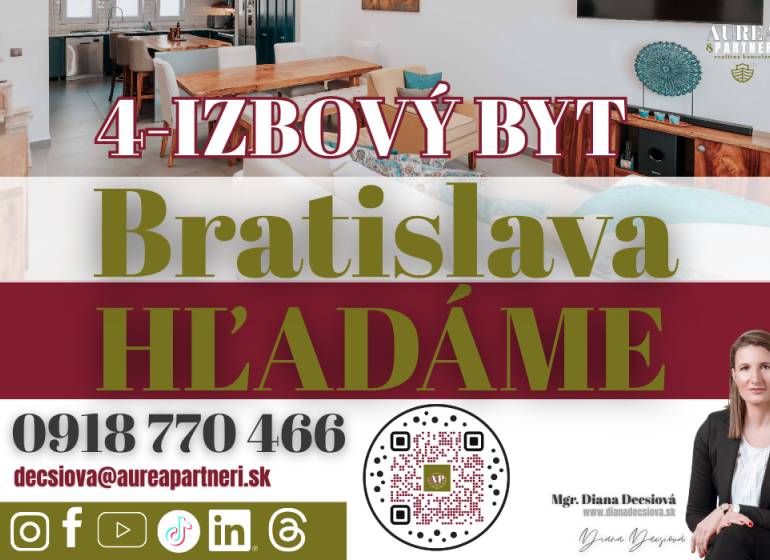 KÚPA 4-IZB BYT  Bratislava- hľadáme pre záujemcov z obhliadok - Hľadanie 4-izbového bytu v Bratislave s kontaktnými informáciami a QR kódom.