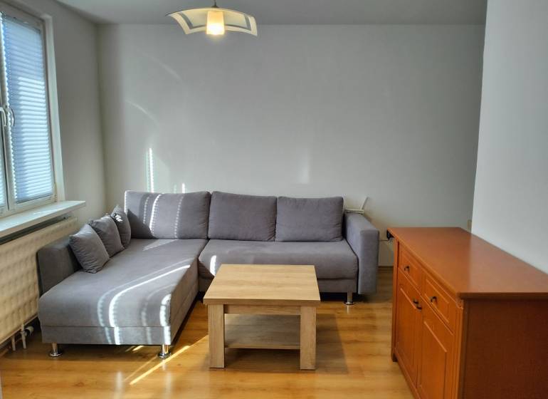 Prenájom 1-izbového bytu s energiami, Martin - Jahodníky - Obývacia izba 1-izbového bytu so sivým gaučom, podlahou s dreveným dekorom a dreveným nábytkom.
