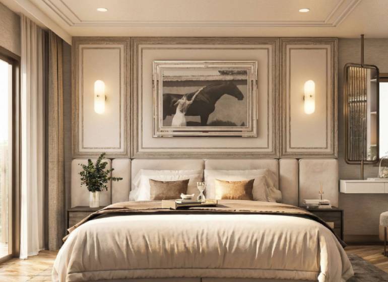 1 SPÁLŇOVÝ APARTMÁN BIANCANA PHUKET - Spálňa v 2-izbovom byte s podlahou s dreveným dekorom a obrazom koňa.