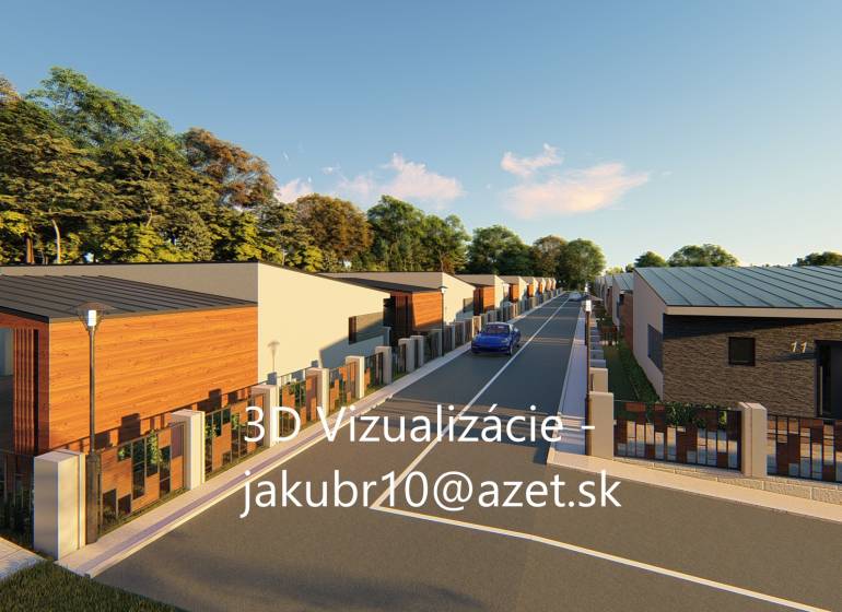 TURANY - Veľký stavebný   pozemok v oblasti Trusalová 11 706m - Vizualizácia bungalovov, pozdĺž cesty, obklopené prírodou a rekreačnými pozemkami.
