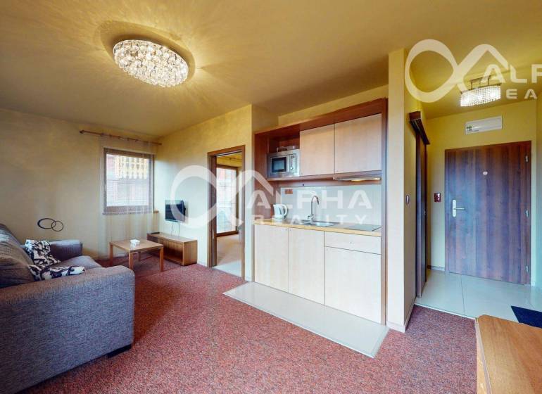 PRENÁJOM 2i apartmán s terasou, parkovaním, Veľká Lomnica - Obývacia izba v 2-izbovom byte so sedačkou a kuchynskou linkou.