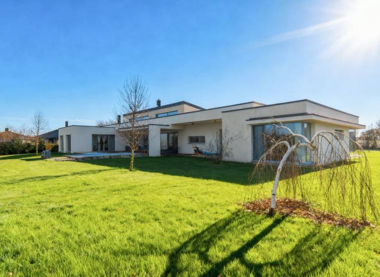 I PREDAJ moderná vila s bazénom a veľkým pozemkom - Rodinný dom na ulici Nagy Lajos király v Mosonmagyaróvári s upravenou záhradou a bezlistým stromom.