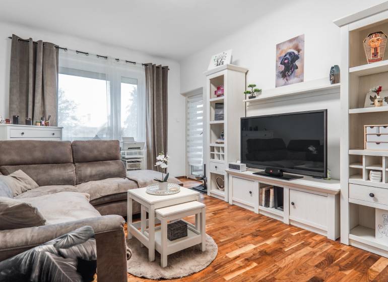 I Na predaj 2-i byt s terasou v Auersthal (Rakúsko) - Obývacia izba v 2-izbovom byte s pohovkou, televízorom a podlahou s dreveným dekorom.