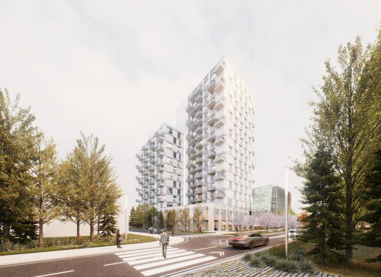 , 3-izbový byt s predzáhradkou, Brenner – Residence, Ružinov. - Výškové budovy s balkónmi a cestou v Bratislave - Ružinov na Mlynských nivách.