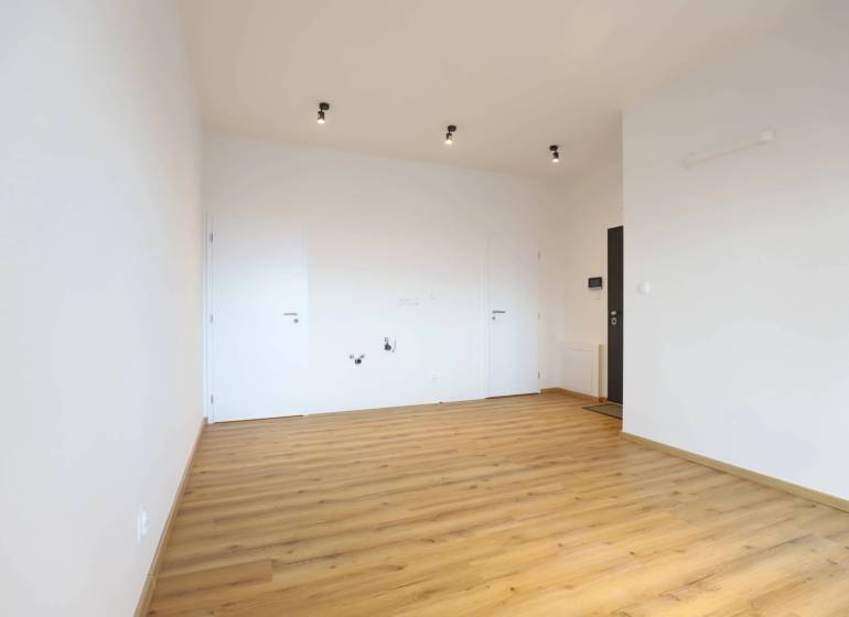 1-izb. byt v novostavbe v Ružinove, 4p./10 - Izba s bielymi stenami a podlahou s dreveným dekorom v 1-izbovom byte.