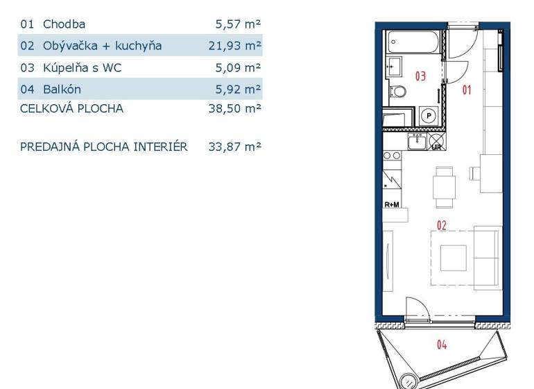 1-izb. byt v novostavbe Čerešne Living, Maríny Paulínyovej, Dúbravka - Pôdorys 1-izbového bytu s kuchyňou, balkónom a kúpeľňou. Celková plocha 38,50 m².