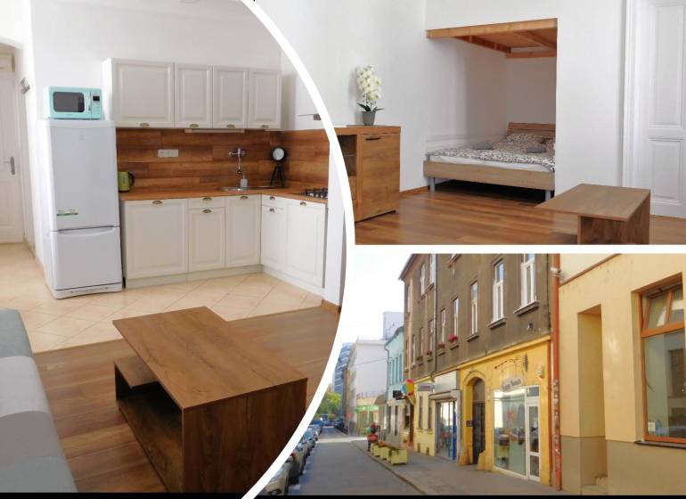 Predaj - štýlový 1,5i byt  v srdci Starého Mesta - Marianska, BA - 2-izbový byt s podlahou s dreveným dekorom a kuchyňou na Mariánskej ulici.