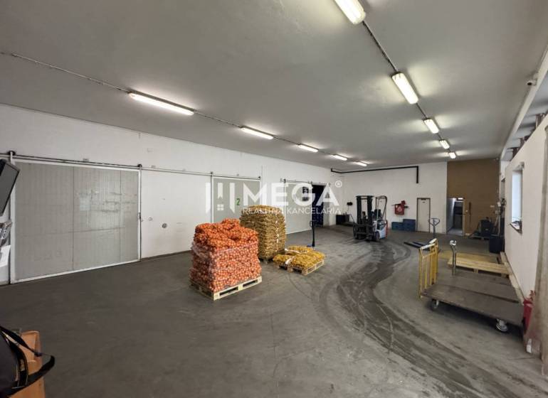 NA PREDAJ: OBJEKT VHODNÝ NA PODNIKANIE-SKLADOVANIE A SLUŽBY - Interiér skladu s paletami cibule a manipulačným zariadením v skladoch a halách.