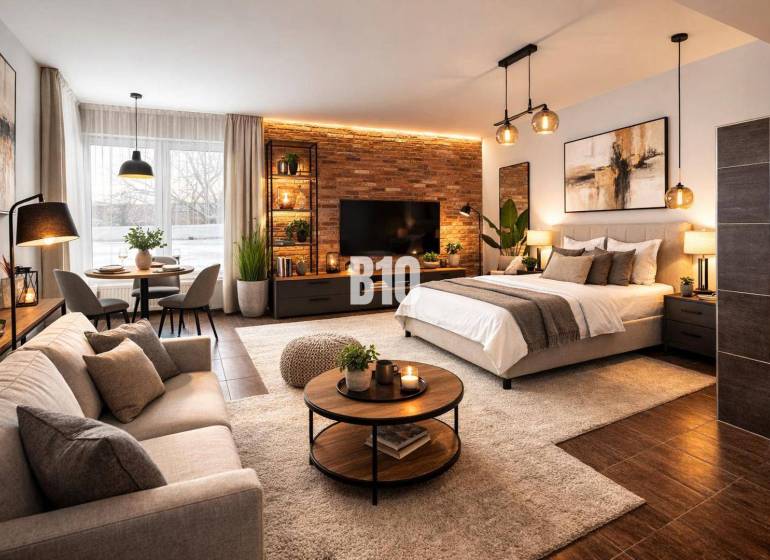 PRIESTRANNÝ Apartmán v CENTRE s výnimočným výhľadom - Štýlový obývačkový priestor v 1-izbovom byte s tehlovou stenou a dekoráciami.