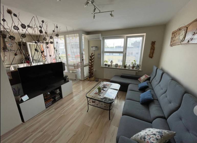 PREDAJ PRIESTRANNÉHO 3 IZB. BYTU NA MUŠKÁTE S GARÁŽOVÝM STÁTIM - Obývacia izba s podlahou s dreveným dekorom, šedou sedačkou a televízorom v 3-izbovom byte.