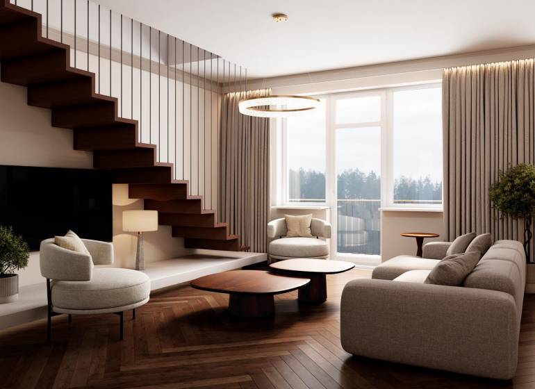 NA PREDAJ  5 izbový Mezonet v centre Nitry - Priestranná obývačka v 5 a viac izbovom byte s podlahou s dreveným dekorom.