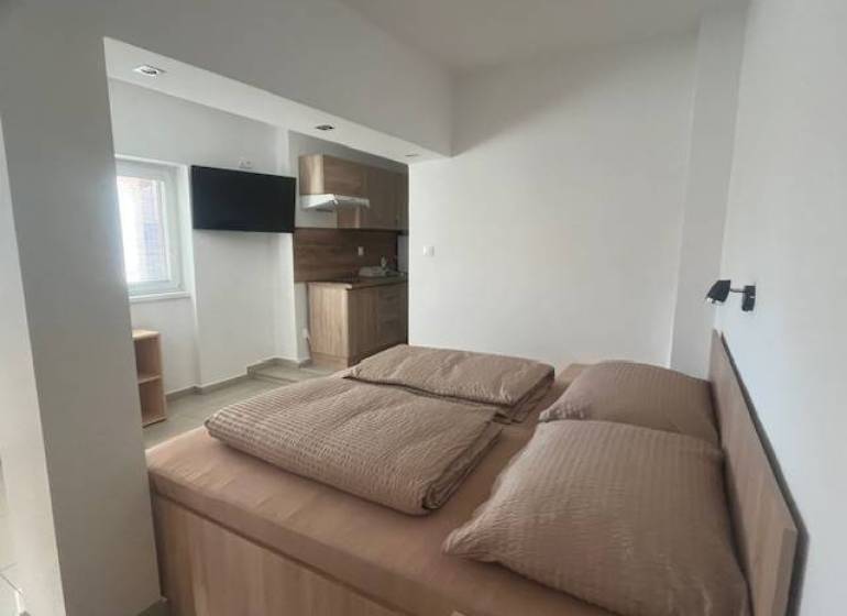 Apartmány na prenájom. - Svetlá izba s posteľou, kuchynkou a televízorom; pohodlný relax v súkromí.