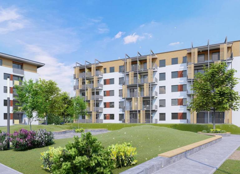 Úžasné 2 a 3 - izbové byty v obytnom parku KISERDŐ LAKÓPARK - Na ulici neuvedené, moderné bytovky, zeleni obklopené, s 2-izbovým bytom, pozadie parkovisko.