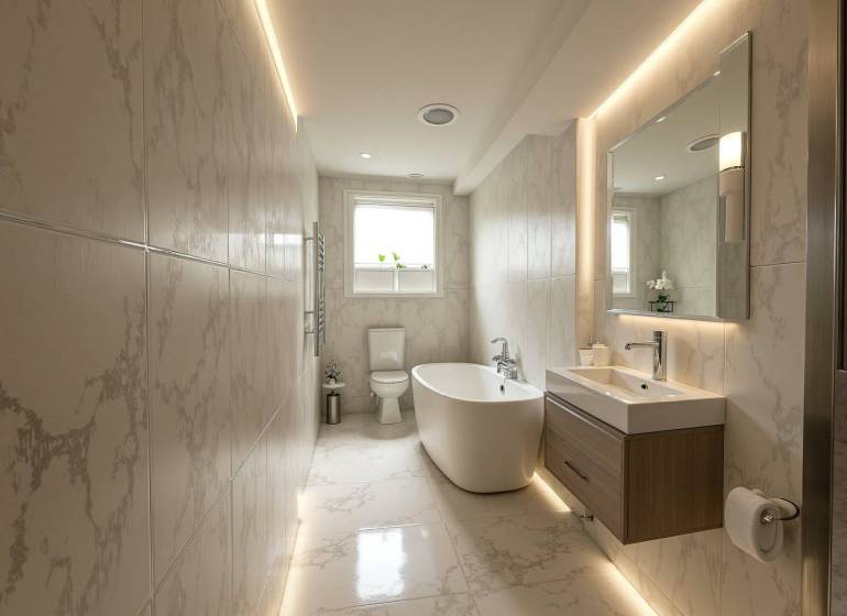 Znížená Cena!Na predaj rodinný dom vo Vrakúni, blízko Dunajskej Stredy - Kúpeľňa v rodinnom dome s vaňou, umývadlom a zrkadlom, obložená svetlými kachličkami.