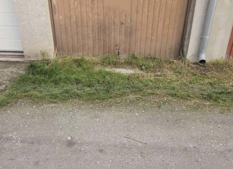 Predaj garáže, Nevädzová, Nevädzová, Dunajská Streda - Hnedé garážové dvere v Dunajskej Strede s betónovým podkladom a zelenou trávou.