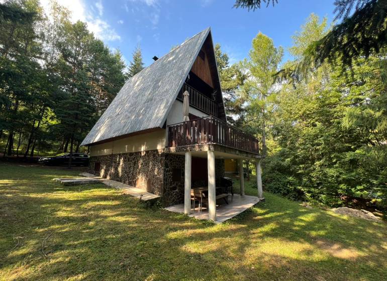 NA PREDAJ Chata na Duchonke-Prašice - Chata v Prašiciach obklopená lesom so šikmou strechou a terasou.
