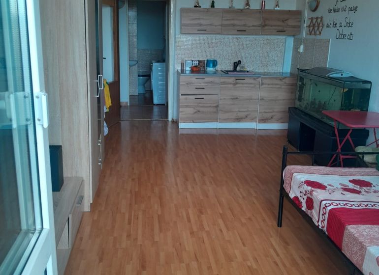 Predaj, Garsónka, Žiar nad Hronom  - Garsónka s podlahou s dreveným dekorom, kuchynskou linkou a akváriom v rohu.