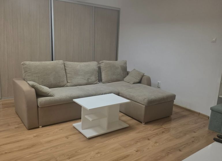 Moderný prenájom na ulici Bakossova za 550 € mesačne - 1-izbový byt s rohovou sedačkou, stolíkom a podlahou s dreveným dekorom.