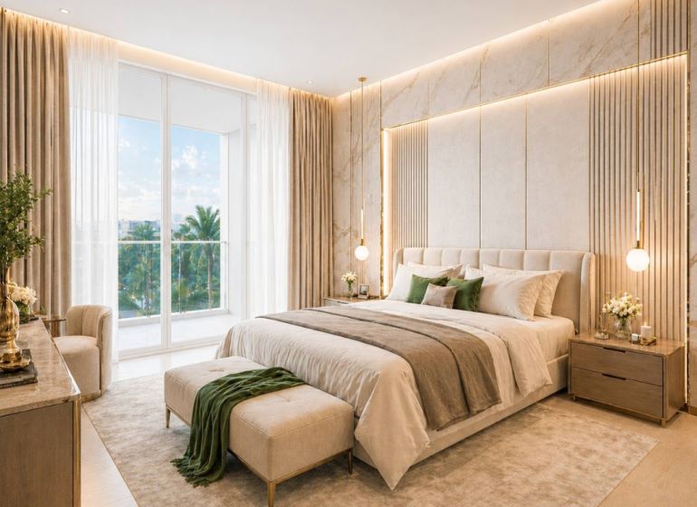 2 SPÁLŇOVÝ APARTMÁN - LOVE IT WONGAMAT BEACH PATTAYA - Elegantná spálňa s balkónom a podlahou s dreveným dekorom v 2-izbovom byte.
