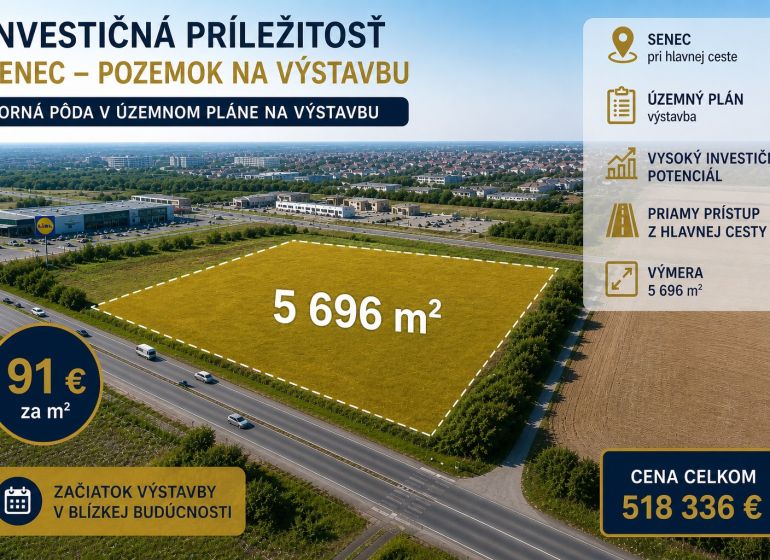 Investičný pozemok pri hlavnej ceste v Senci – územný plán na výstavbu - Pozemok na bývanie v Senci s výmerou 5 696 m², vhodný na výstavbu.