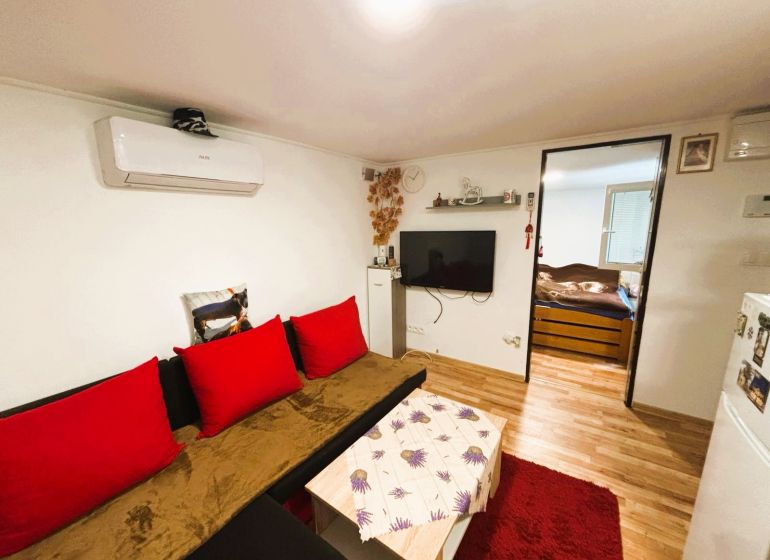 Celoročne obývateľná chata v Gabčíkove na 150 m² pozemku pri Dunaji - Obývacia izba s pohovkou, červenými vankúšmi, TV a podlahou s dreveným dekorom.